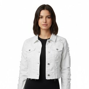 Red Fox Jeans White Distressed Cropped Denim Jacket Womens Size Medium